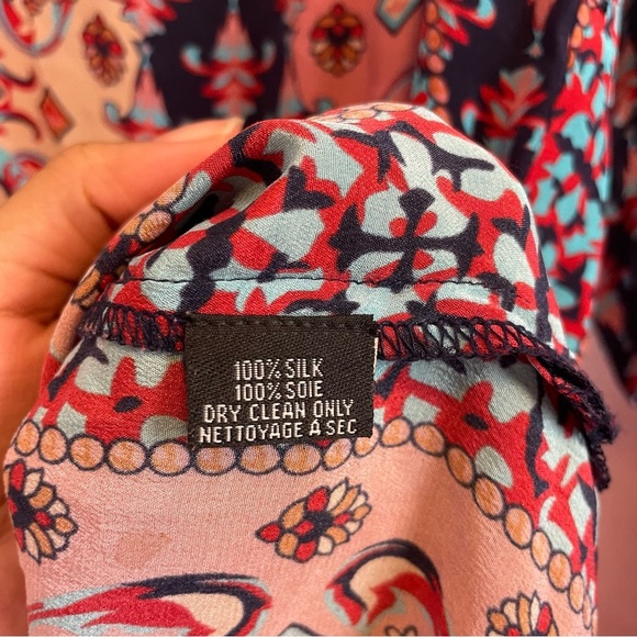 Tolani Abstract Multicolor 3/4 Sleeve Long Silk V Neck High Low Tunic Dress XS - Picture 6 of 7